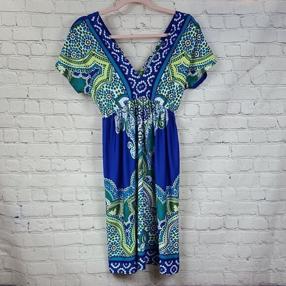 Maurices Vibrant Blue Paisley Print Double V Dolman Sleeve Swim Cover-up Dress - Picture 7 of 12
